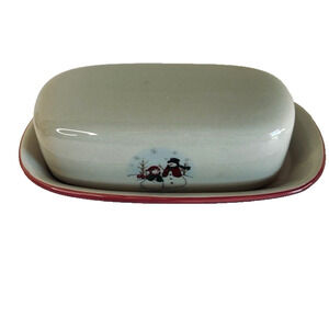 Royal Seasons RN3 Stoneware 1/4 Lb Covered Butter, Snowmen W/Scarfs, Hats/Vest